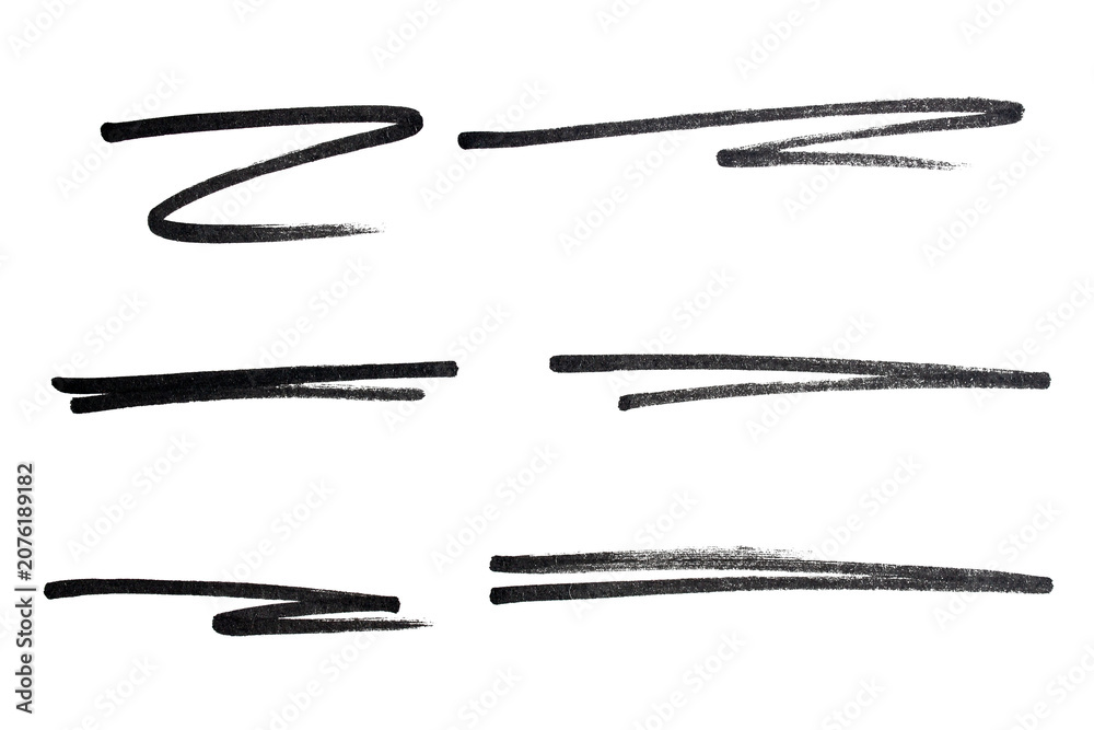 Fototapeta premium Set of black hand drawn marker pen stroke line transparent background design element doodle scribble underline PNG