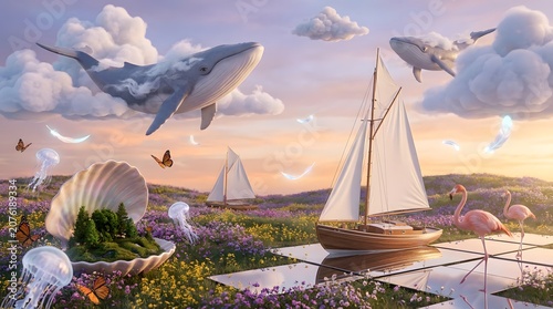 A surreal seaside scene featuring whales soaring above the clouds, a sailboat standing atop a field of blooming flowers, translucent jellyfish floating among colorful butterflies, and elegant flamingo