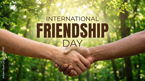 Diverse hands shaking in unity for international friendship day celebration in a sunny forest