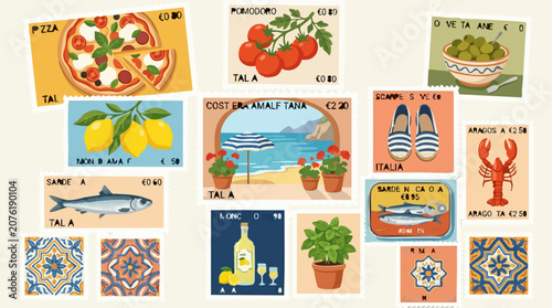 Italian Food and Travel Icons: A Collection of Illustrative Stamps