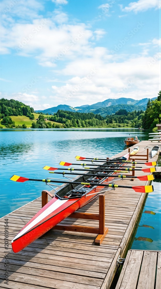 Fototapeta premium Red rowing boat hull with oars on wooden pier at lake shore. Sports equipment for team competition and professional water training. Active lifestyle, healthy outdoor summer activity, nature.