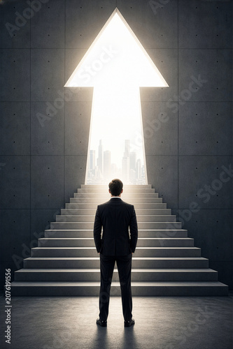 Businessman Standing Before Stairs Leading to Arrow Shaped Doorway with City Skyline View Symbolizing Career Growth, Success, and Future Vision
