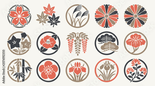 Set of traditional Japanese floral and plant circular vector motifs