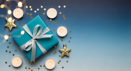 Hanukkah gift and candles festive blue present with star decorations