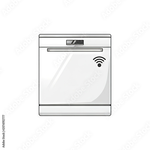 Modern smart dishwasher with wifi connectivity icon, white kitchen appliance with digital display and handle, realistic vector illustration isolated on white background