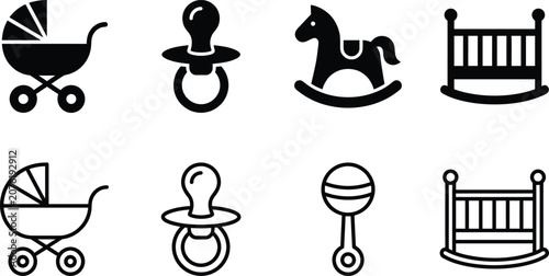 Tableau sur toile baby stroller rattle rocking horse and crib icons minimalist set with black outl
