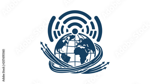 A stylized blue icon featuring a globe with radio waves and orbiting arrows representing global communication.