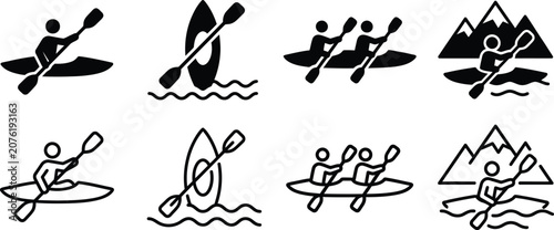 Fotografie kayaking icon set with minimalist black silhouettes on white for outdoor adventu