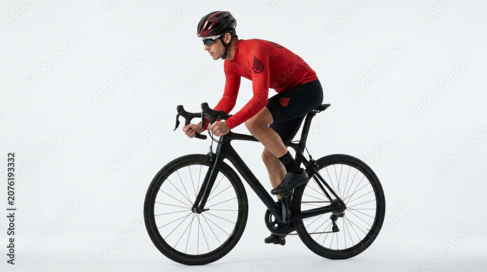 Fototapeta premium Cyclist in red jersey riding modern bicycle with blood drop logo isolated on white background 