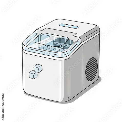 Portable automatic countertop ice maker machine producing ice cubes, with a transparent lid, isolated on white background