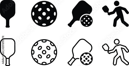 pickleball icon set with ball paddle and players in minimalist black vector style