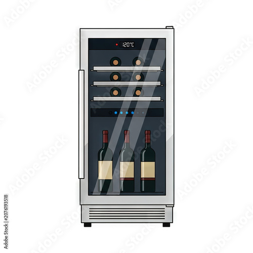 Illustration of a modern wine cooler refrigerator with glass door, containing wine bottles on shelves and a digital temperature display, isolated on white background