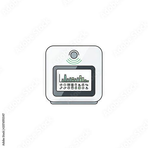Smart home hub device with a digital screen showing data statistics and various icons, modern technology interface for monitoring household consumption or energy usage