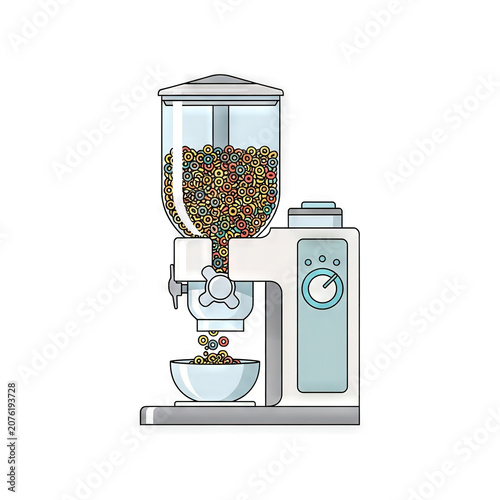 Cereal dispenser machine with colorful ringshaped breakfast cereal falling into a bowl, modern kitchen appliance for serving food, vector illustration isolated on white background
