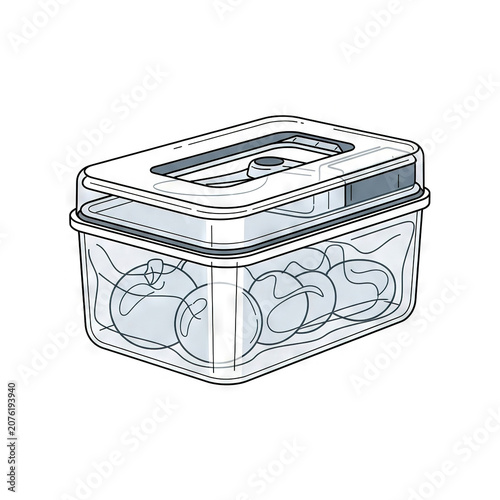 A clear plastic food storage container with a lid, filled with fresh apples, illustrated in a clean, modern line art style, isolated on white background