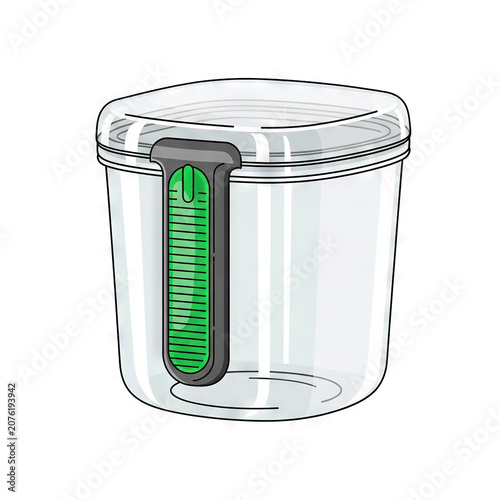 Clear plastic food storage container with a green and black locking lid mechanism, realistic vector illustration of a kitchen organizer box for dry goods or leftovers