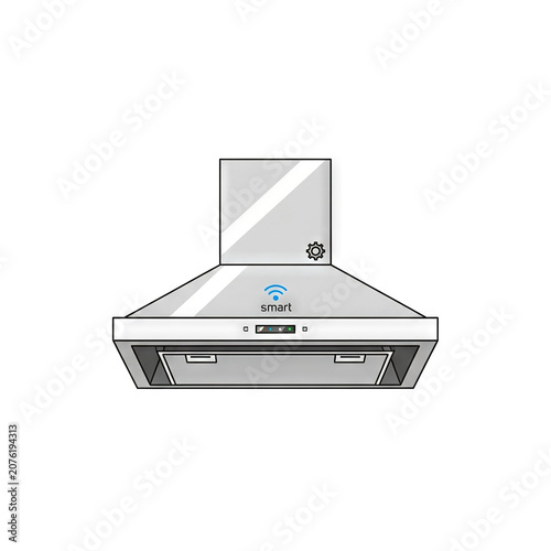 Modern stainless steel kitchen range hood with smart technology and wifi connectivity icon, vector illustration of a domestic ventilation appliance for stove