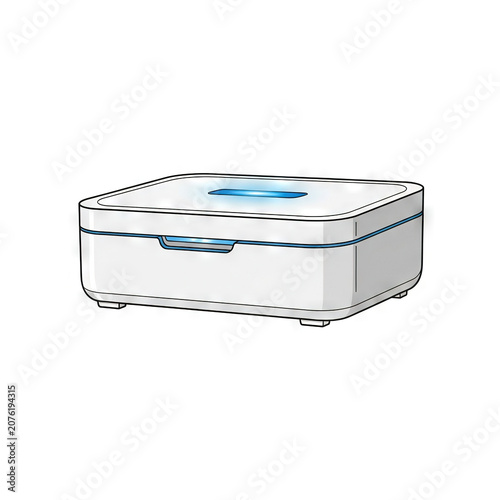 Modern white uv light sanitizer box for disinfection of personal items like smartphones, keys, and jewelry, isolated on white background