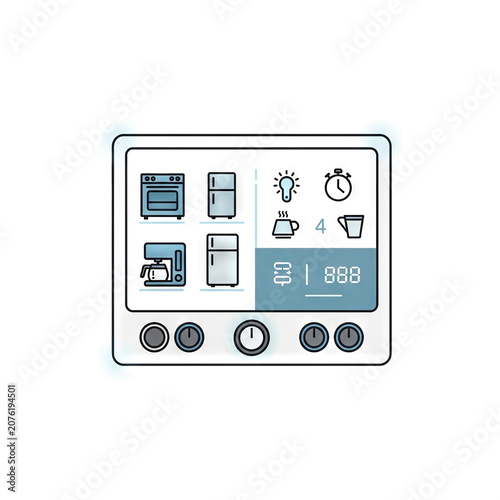 Smart home control panel interface with appliance icons for oven, refrigerator, and coffee maker, digital display with settings for lighting, timer, and temperature, vector illustration