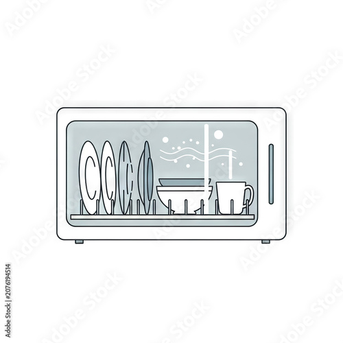Dish dryer machine with plates, bowls, and a cup inside, modern kitchen appliance for drying and sterilizing dishes, vector illustration