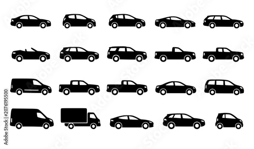 Schilderij op canvas Black vehicle silhouette icon set with cars SUVs trucks and vans