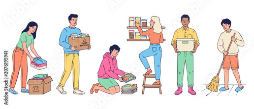 Canvastavla People cleaning and organizing home vector illustration set showing diverse char