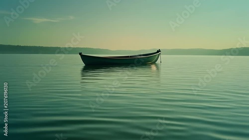 A solitary small wooden boat floating on the calm surface of a quiet lake at dawn.