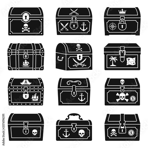 Collection of vintage pirate treasure chests in black and white.