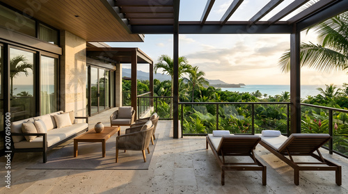 Luxury tropical terrace with comfortable outdoor furniture, lounge chairs, and a stunning ocean view at sunset in a modern villa