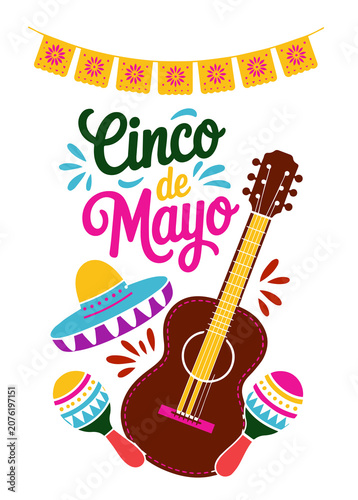 Colorful Mexican Guitar Illustration with Cinco de Mayo Decorations and Festive Banner