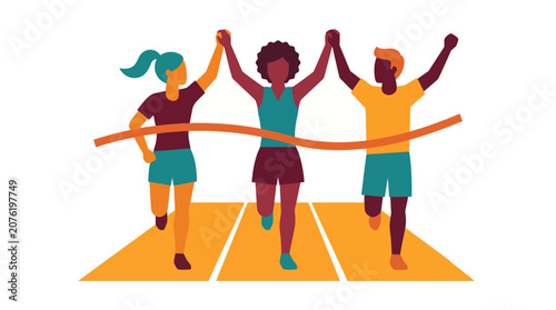 Valokuva Three athletes crossing finish line together.