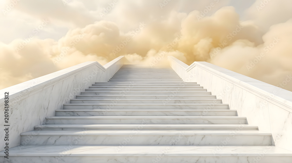 Fototapeta premium Stairway to heaven, marble staircase leading up to the clouds, conceptual background of success, spiritual journey, or afterlife