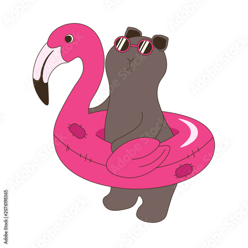 Fun Summer vacation  art. Vector Capybara in pink Flamingo rubber ring isolated transparent background. Perfect png for Summer t-shirt print beach party concept. Editable stroke EPS 10