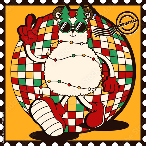 Christmas mail Postage Stamp. Vector illustration of 2027 zodiac animal in retro style and Postage Stamp Postmark frame. Perfect Merry Christmas and Happy New Year greeting poster cover design. EPS 10