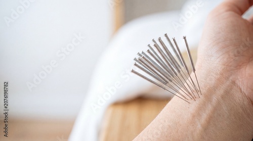 Acupuncture needles in wrist, close-up on hand with multiple fine needles, white background, alternative medicine concept.