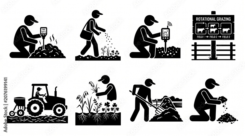 Fototapeta premium Smart Agriculture and Modern Farming Methods Stick Figure Icon Set