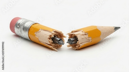 Broken yellow pencil with exposed graphite fibers on white background minimalist still life