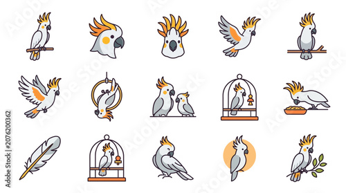 Cute Cockatoo Bird Icons Set