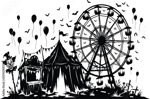 Black and white illustration of creepy carnival with ferris wheel