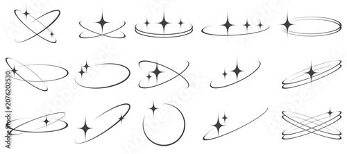 Y2K stars vector icons with orbits. Universe symbols of cosmic sparkles for retro design. Abstract celestial elements.