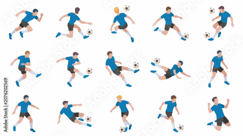 Bild auf Leinwand Dynamic soccer player action poses in blue uniform.