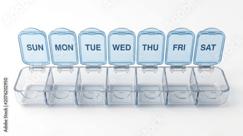 Empty pill organizer compartments arranged by days of the week in minimalist setting