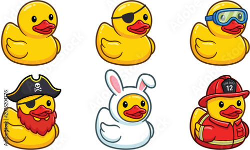 Foto Set of cute yellow rubber ducks wearing different costumes including pirate firefighter and bunny vector illustration isolated on white background