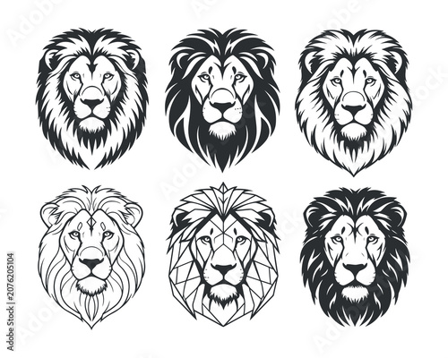 Set of lion heads featuring various artistic styles and line art black and white wildlife