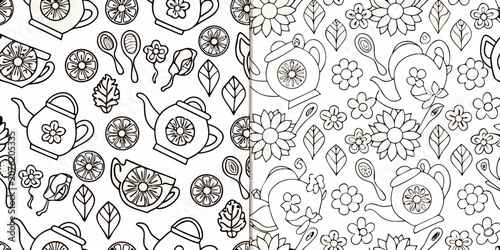 Bild auf Leinwand Teapot floral and citrus fruit seamless line art pattern