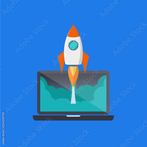 Cartoon red rocket vector illustration in space and map concept for business science and technology launch speed travel spaceship icon symbol