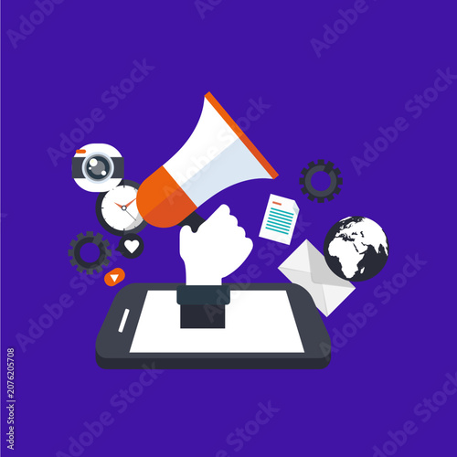 Businessman with megaphone and laptop representing digital communication, online business marketing and modern technology network concept vector illustration