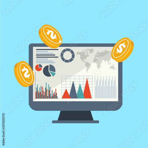 Modern laptop with business growth graph and money concept vector illustration for finance, technology, communication, internet and digital business infographic design