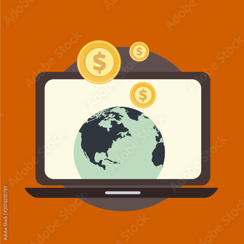 Global Business Technology Vector Illustration with Globe and Laptop for Internet Communication Digital Network Web Computing and Worldwide Connectivity Concept