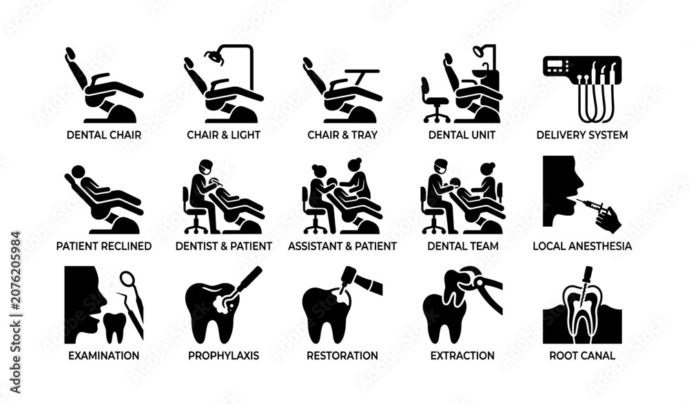 Fototapeta premium Dental equipment and procedure icons displayed in grid